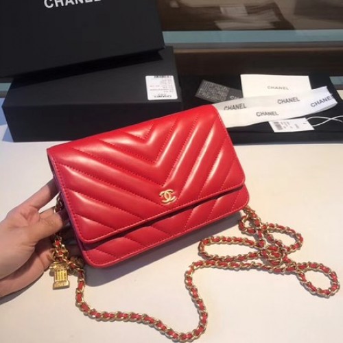 Borsa a tracolla con patta in pelle di montone originale Chanel WOC D33814 rossa