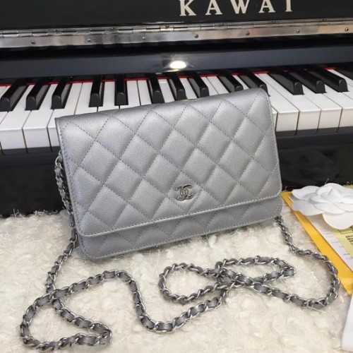Borsa a tracolla Chanel Original Caviar Leather Flap CF33814 Grigio argento Catena d'argento
