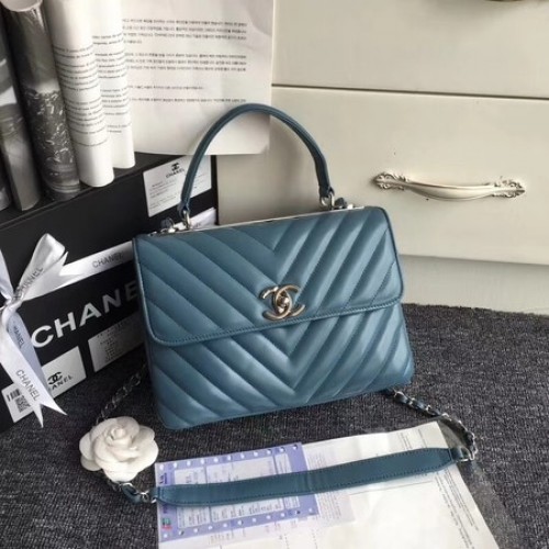 Borsa tote in pelle di montone originale Chanel V92236 Fibbia argento blu