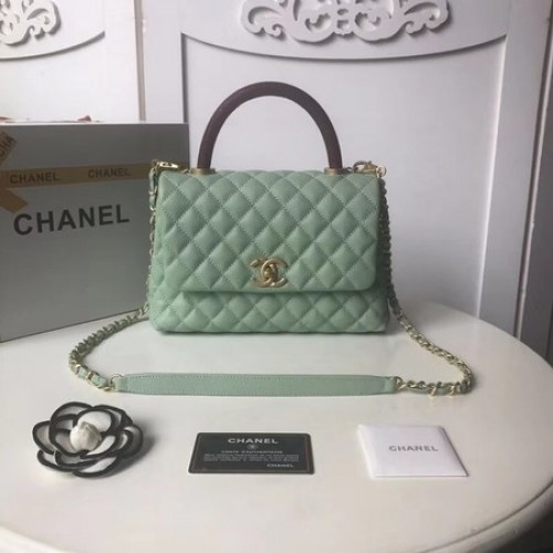 Borsa con patta in pelle di caviale originale Chanel con manico superiore A92991 verde menta piperita