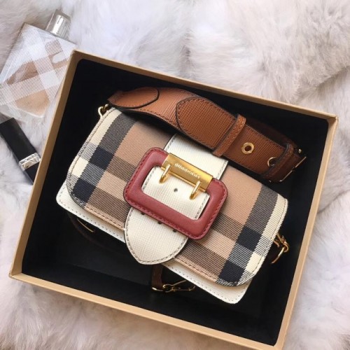 BURBERRY Borsa a tracolla in pelle Hampshire vintage check 24581 bianca