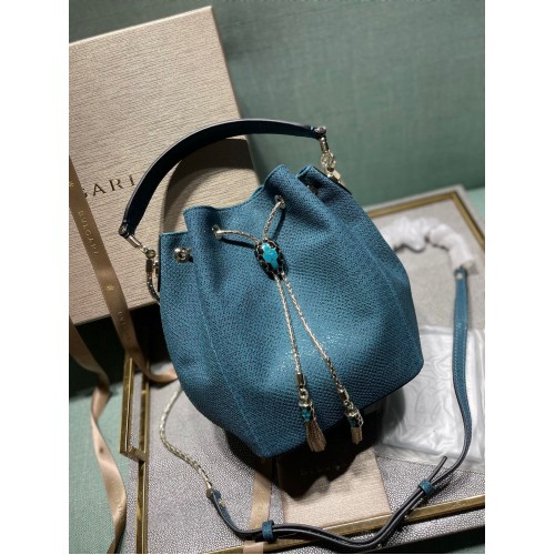 Borsa a secchiello originale BVLGARI in pelle di serpente B287614 blu