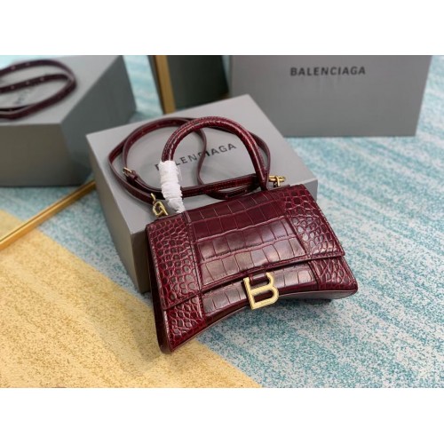 Balenciaga HOURGLASS BORSA PICCOLA CON MANICO pelle di vitello goffrata coccodrillo B108895E Bordeaux