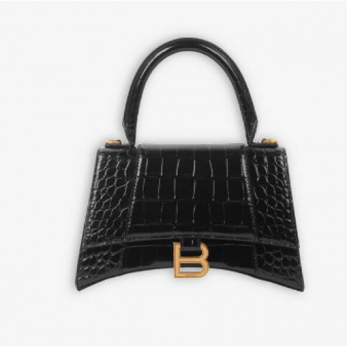 Balenciaga HOURGLASS PICCOLA BORSA CON MANICO pelle di vitello goffrata coccodrillo B108895E nero