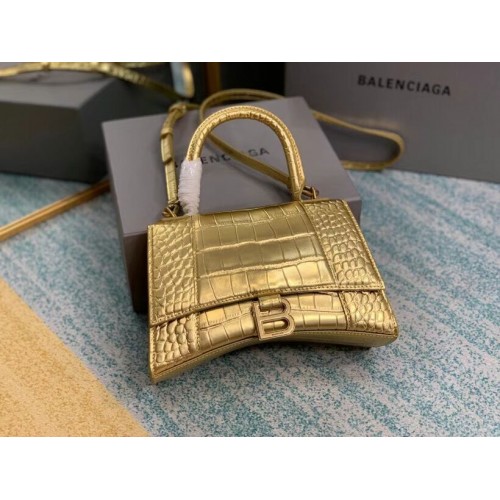 Balenciaga HOURGLASS PICCOLA BORSA CON MANICO pelle di vitello goffrata coccodrillo B108895E oro