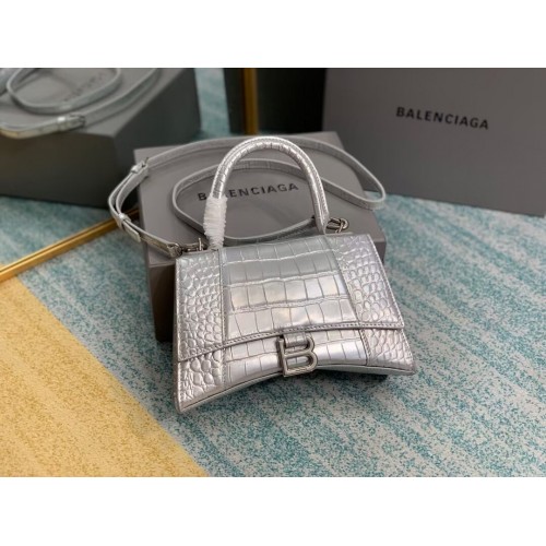 Balenciaga HOURGLASS PICCOLA BORSA CON MANICO pelle di vitello goffrata coccodrillo B108895E argento