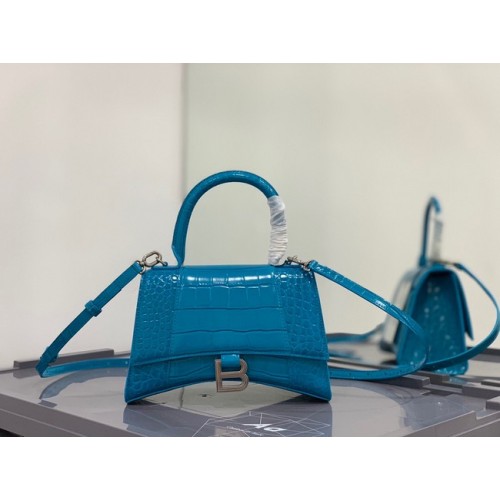 Balenciaga HOURGLASS BORSA PICCOLA CON MANICO pelle di vitello goffrata coccodrillo B108895E celeste