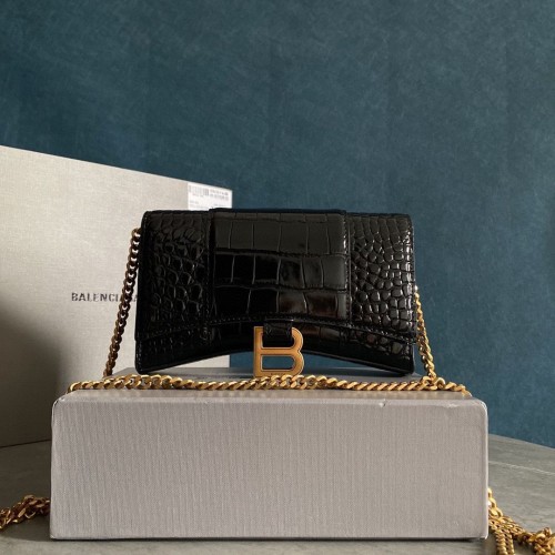 Balenciaga HOURGLASS Portafoglio Con Catena Coccodrillo In Rilievo 656050 Nero