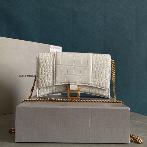 Balenciaga HOURGLASS Portafoglio Con Catena Coccodrillo In Rilievo 656050 Bianco