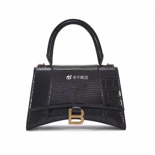 Balenciaga Borsa a clessidra piccola con manico superiore pelle di vitello goffrata coccodrillo B108891E nero