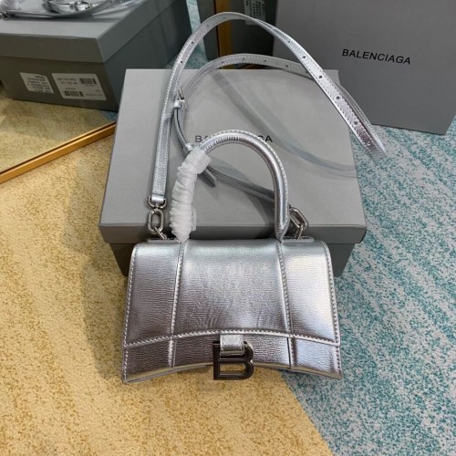Balenciaga Hourglass XS Top Handle Borsa in pelle di vitello lucida box 28331 argento