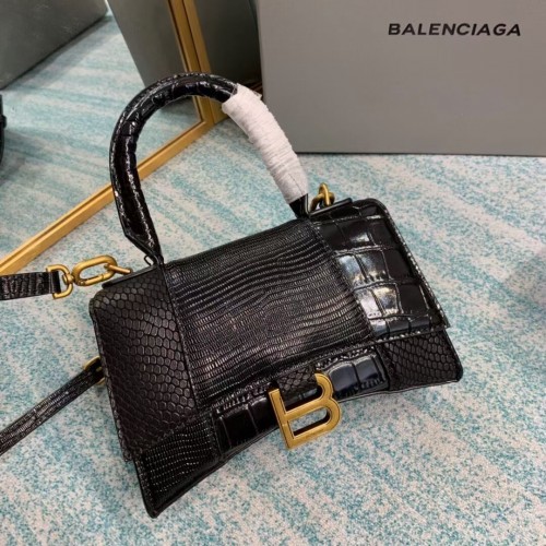 Balenciaga Hourglass XS Top Handle Bag pelle di vitello goffrata coccodrillo lucido B108892E nero