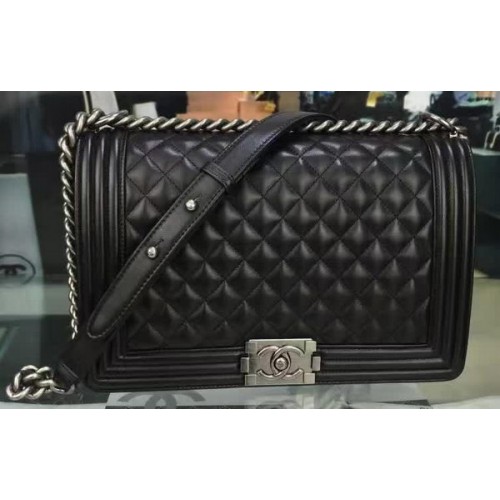 Boy Chanel Borsa con patta Nera Pelle di montone originale A67088 Argento