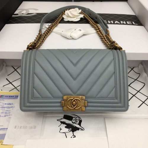 Boy Chanel Flap Bag Original Chevron Leather Grey A67086V Bronze Buckle