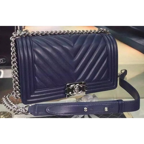 Boy Chanel Flap Bag Original Chevron Nabuk Leather A5708 Royal