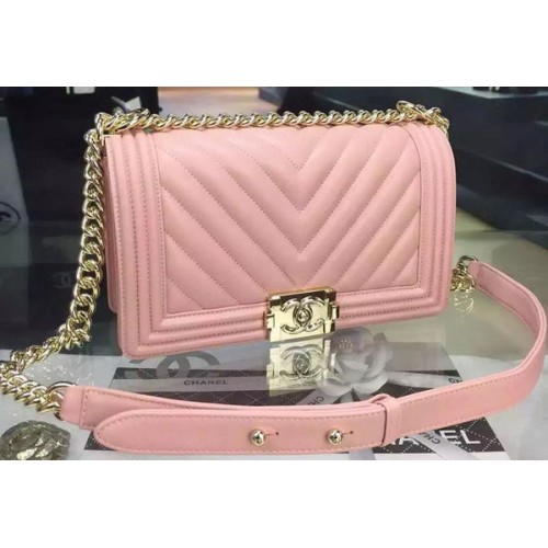 Boy Chanel Flap Bag Original Chevron Pink Nabuk Leather A5708 Gold