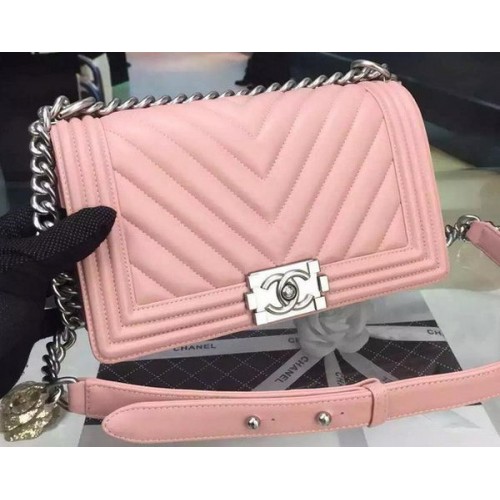 Boy Chanel Flap Bag Original Chevron Pink Nabuk Leather A5708 Silver