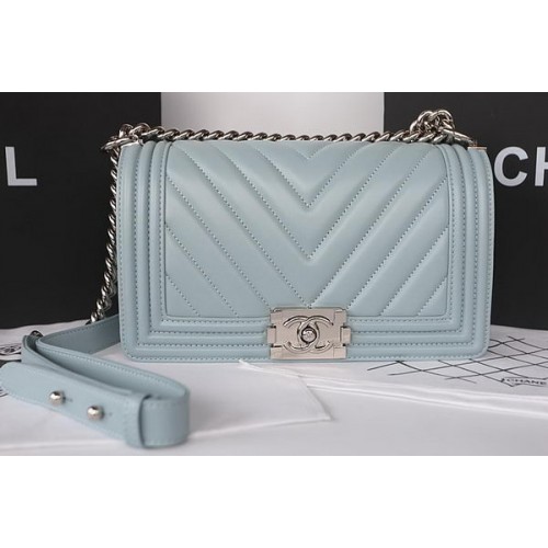 Boy Chanel Flap Bag Original Chevron Montone A67025 Azzurro