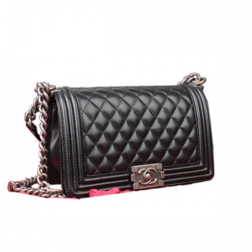 Boy Chanel Borsa a tracolla con patta nera in pelle originale A67086 argento