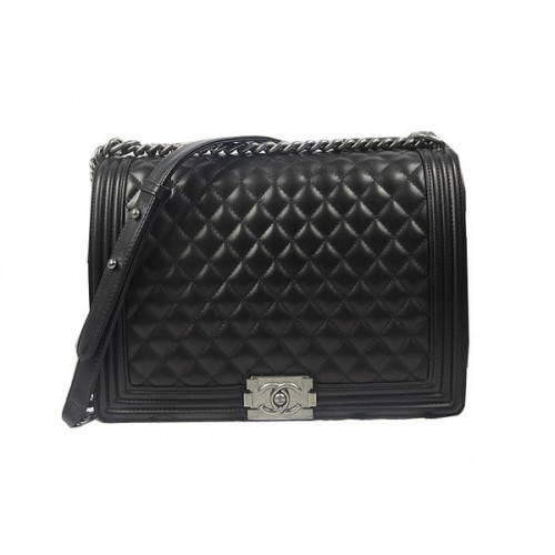 Boy Chanel Borsa a tracolla con patta nera Pelle di pecora originale A67087 Argento
