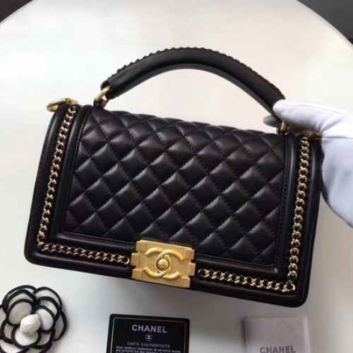 Boy Chanel Borsa con patta con manico superiore Pelle di montone originale A94804 nera
