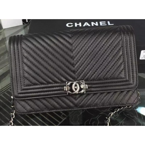 Boy Chanel WOC Flap Bag Original Chevron Montone A53731 Nero