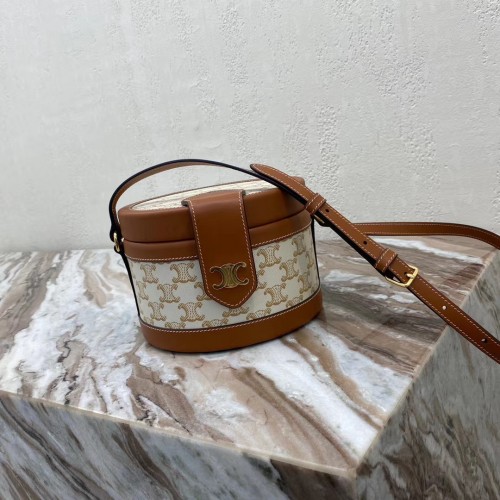 BORSA CELINE TAMBOUR MEDIA IN TESSUTO CON RICAMO TRIOMPHE 195192 marrone&bianco