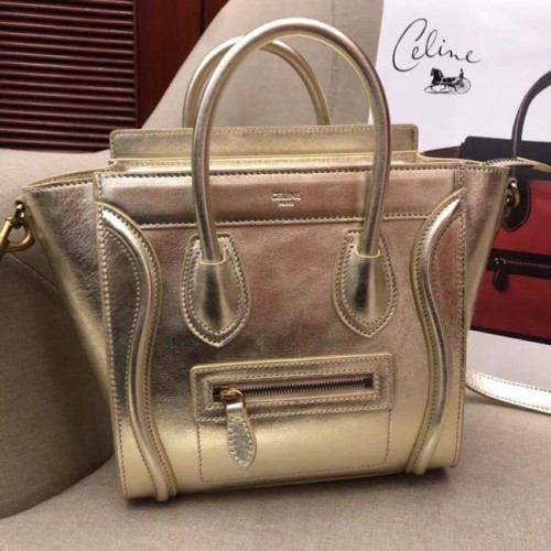 BORSA A MANO CELINE MICRO LUGGAGE IN PELLE DI AGNELLO LAMINATA 189793 ORO