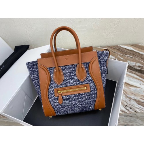 BORSA A MANO CELINE MICRO LUGGAGE IN TESSUTO E VITELLO 167793 TAN&BLUE