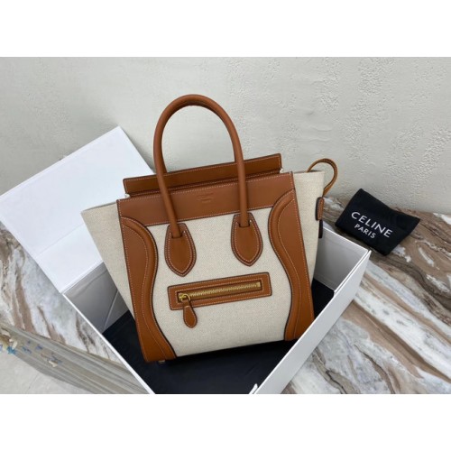 BORSA A MANO CELINE MICRO LUGGAGE IN TESSUTO E VITELLO 167793 TAN&WHITE