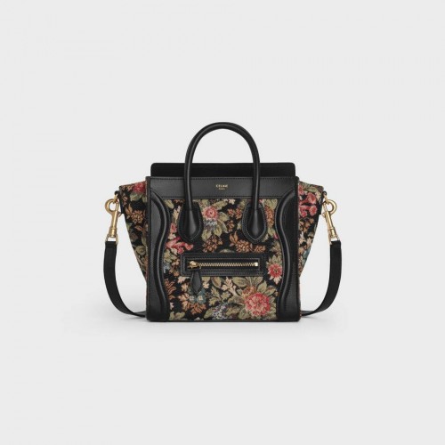 BORSA DA VIAGGIO CELINE NANO IN JACQUARD FLOREALE E PELLE DI VITELLO 189242 NERO