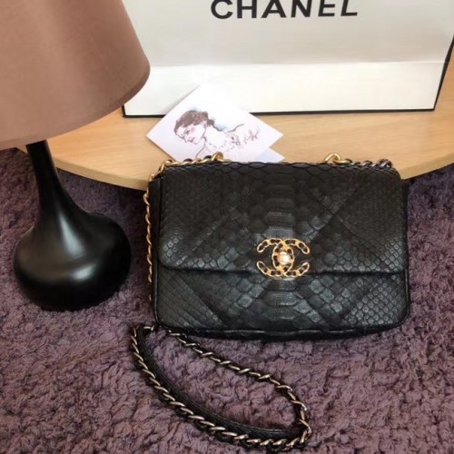 Borsa con patta CHANEL 19 Borsa con patta originale in pelle di serpente AS1160 nera