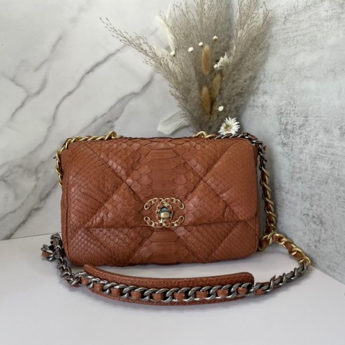 CHANEL 19 Borsa con patta Borsa originale con patta in pelle di serpente AS1160 Cammello
