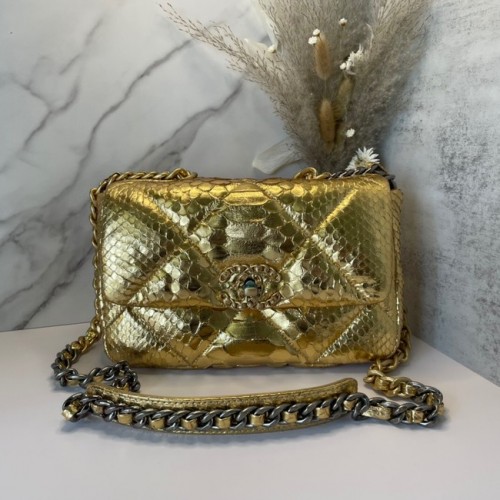 CHANEL 19 Borsa con patta Borsa originale con patta in pelle di serpente AS1160 oro