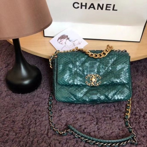 CHANEL 19 Borsa con patta Borsa originale con patta in pelle di serpente AS1160 verde