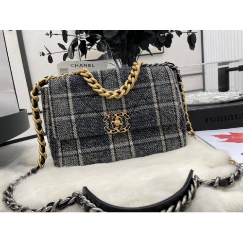 CHANEL 19 Borsa con patta Lana Tweed metallo finitura oro AS1160 grigio