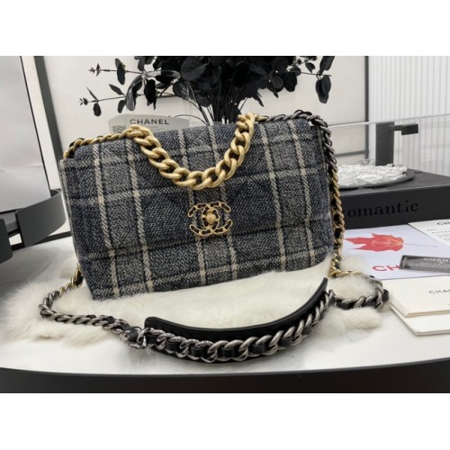 CHANEL 19 Borsa con patta Lana Tweed metallo finitura oro AS1161 grigio