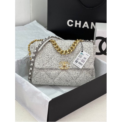 BORSA A MANO CHANEL 19 Tweed di cotone AS1161 bianco