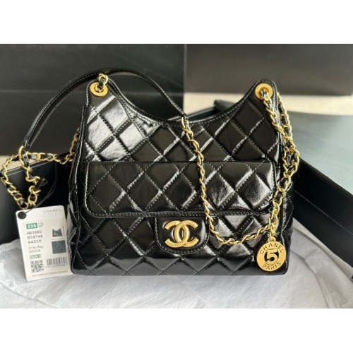 CHANEL 2023 BORSA A MANO Pelle di vitello lucida AS3609 Metallo tono oro nero