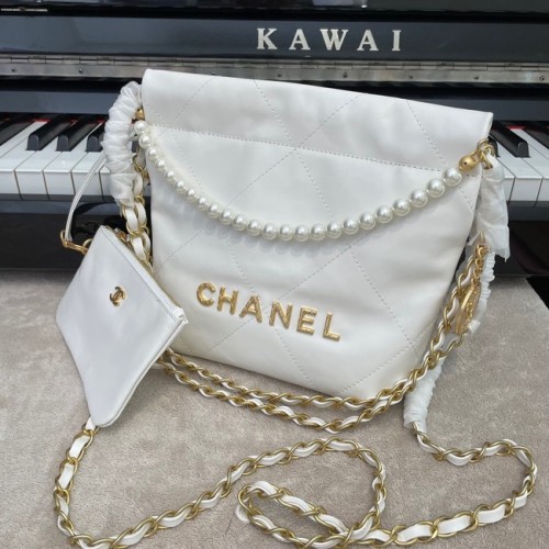 BORSA A MANO CHANEL MINI 22 Pelle di vitello metallizzata metallo oro AS3989 BIANCO