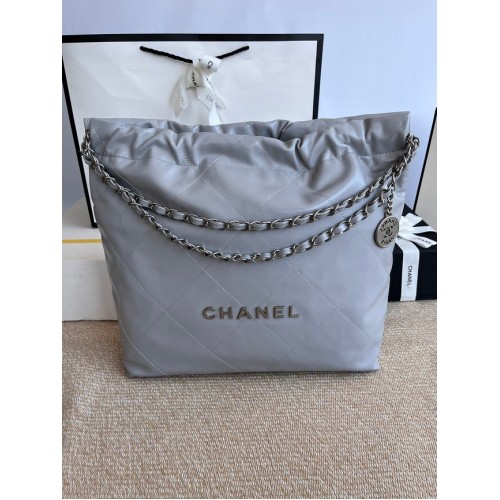 BORSA A MANO CHANEL 22 Pelle di vitello metallo argentato AS3261 grigio