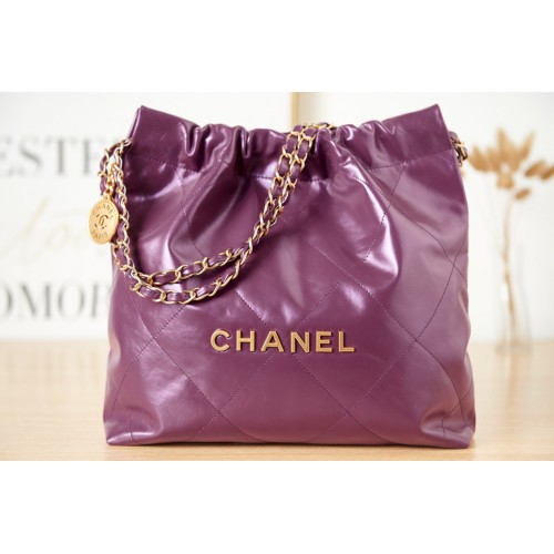 CHANEL 22 BORSA A MANO Pelle di vitello metallo tono oro AS3261 viola scuro