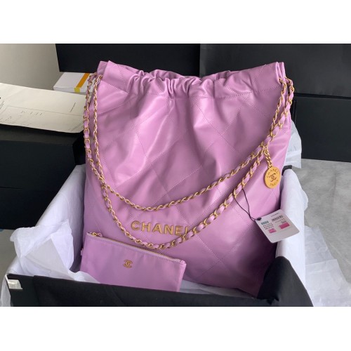 BORSA A MANO CHANEL 22 Pelle di vitello lucida metallo tono oro AS3262 Viola