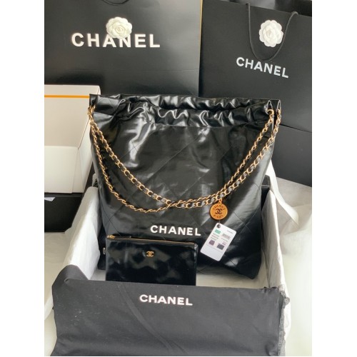 BORSA A MANO CHANEL 22 Pelle di vitello lucida metallo tono oro AS3262 bianco e nero