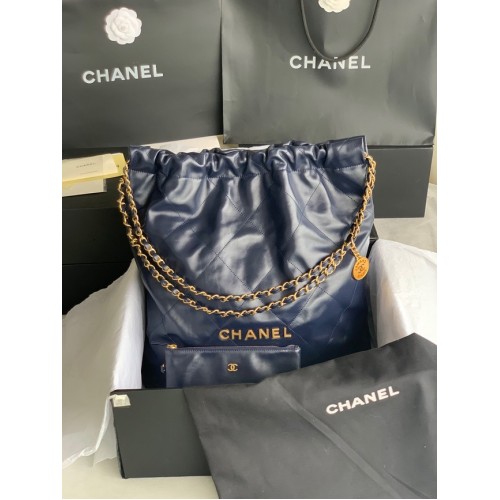 BORSA A MANO CHANEL 22 Pelle di vitello lucida metallo tonalità oro AS3262 blu scuro