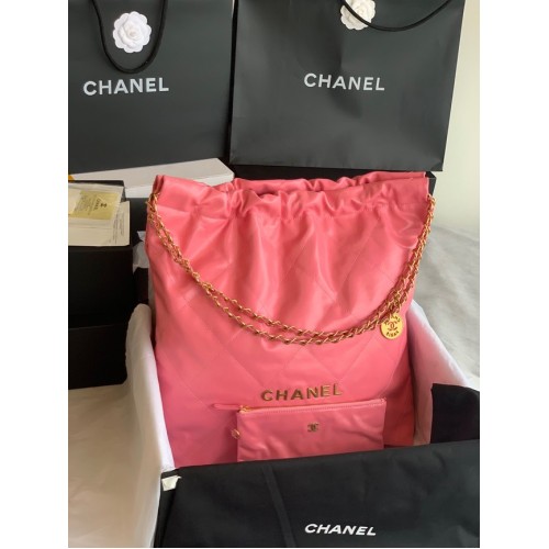 BORSA A MANO CHANEL 22 Pelle di vitello lucida metallo tonalità oro AS3262 rosa