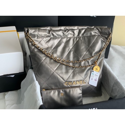 CHANEL 22 BORSA A MANO Pelle di vitello lucida metallo dorato AS3262 grigio argento