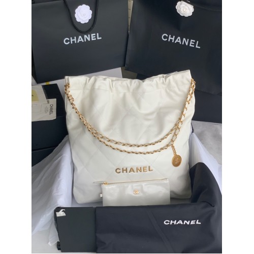 BORSA A MANO CHANEL 22 Pelle di vitello lucida metallo effetto dorato AS3262 bianco&oro