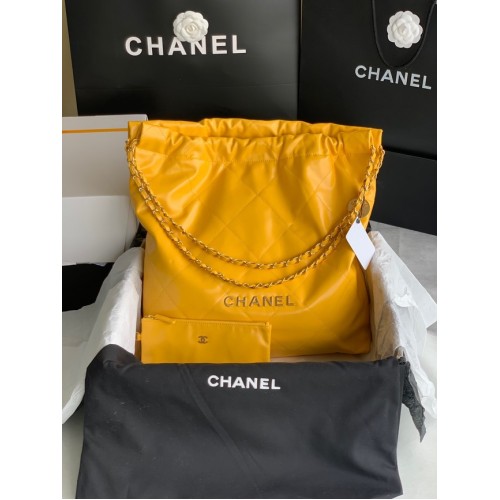 BORSA A MANO CHANEL 22 Pelle di vitello lucida metallo dorato AS3262 giallo