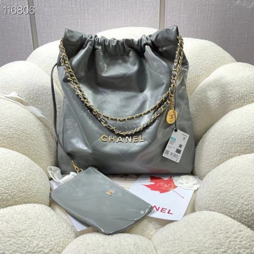 CHANEL 22 BORSA A MANO Pelle di vitello lucida metallo tono oro AS3262 grigio